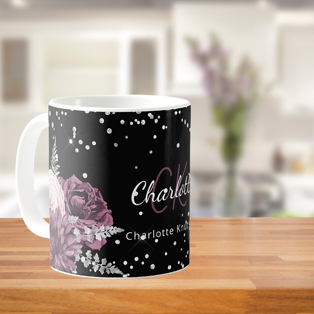 Taza De Café Flores burdeos negras nombre elegante en monograma (Subido por el creador)