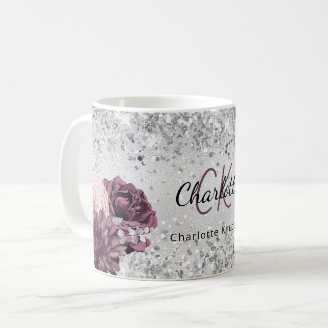 Taza De Café Flores burdeos plateadas elegante nombre de monogr (Anverso izquierdo)