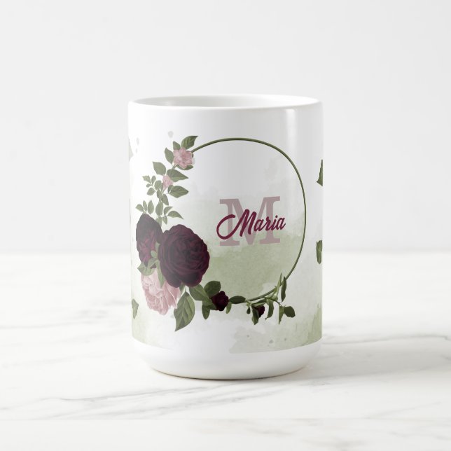 Taza De Café flores burdeos rosadas hojas verdes monograma  (Centro)