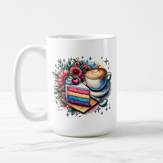 Taza De Café Flores, café y pastel de arcoiris personalizados (Izquierda)