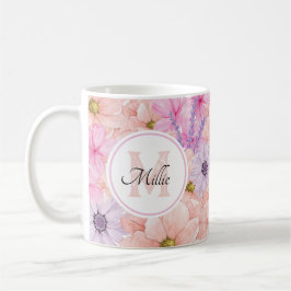 Taza De Café Flores color de agua rosa bonito monogramadas para