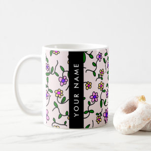Taza De Café Flores Coloridas, Fondo Rosa, Negro