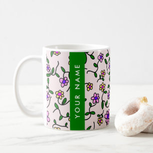 Taza De Café Flores Coloridas, Fondo Rosa, Verde