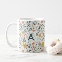Taza De Café Flores Coral Mustard Monograma Vivid