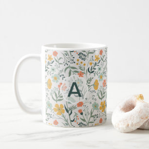 Taza De Café Flores Coral Mustard Monograma Vivid