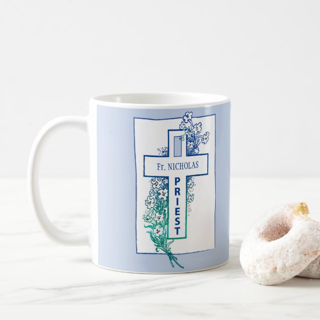 Taza De Café Flores cruzadas sacerdotales personalizadas (Con donut)