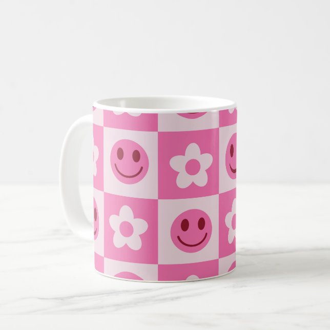 Taza De Café Flores cubiertas y rostros felices rosados (Anverso izquierdo)