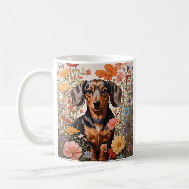 Taza De Café Flores Cute Brown Dachshund Y Cosmos (Izquierda)