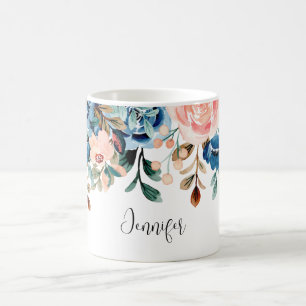 Taza De Café Flores de acuarela rosa y azul