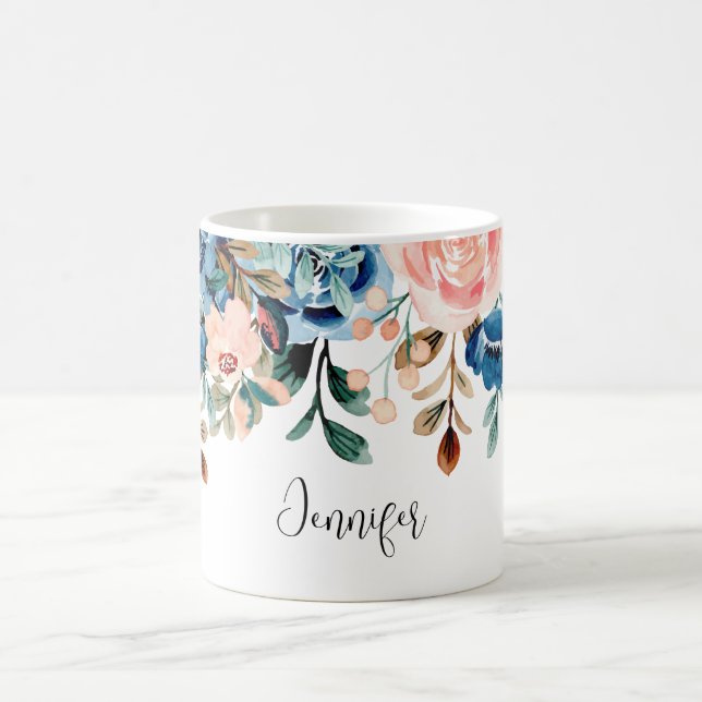 Taza De Café Flores de acuarela rosa y azul (Centro)