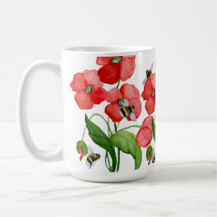 Taza De Café Flores de adormidera escarlata acuarela y bonitos