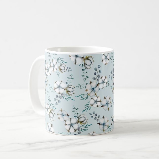 Taza De Café Flores de algodón acuarelas y eucalipto (Anverso izquierdo)