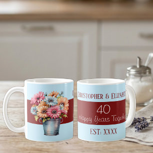 Taza De Café flores de aniversario de rubí 40 nombres azul