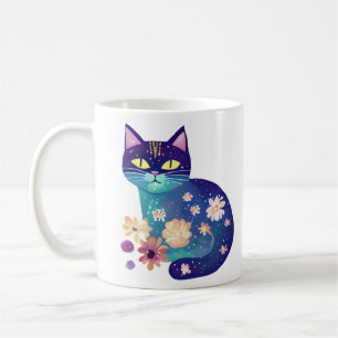 Taza De Café Flores de arte folclórico y mamá gata