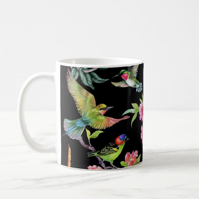 Taza De Café Flores de aves tropicales: Patrón acuarela (Izquierda)
