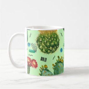 Taza De Café Flores de cactus: fondo geométrico acuarela.