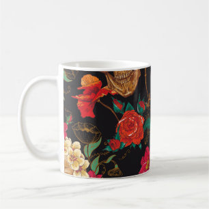 Taza De Café Flores De Calavera: Fondo Oscuro Sin Marea.