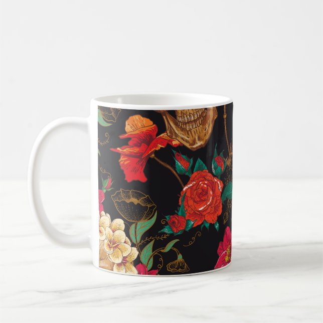 Taza De Café Flores De Calavera: Fondo Oscuro Sin Marea. (Izquierda)