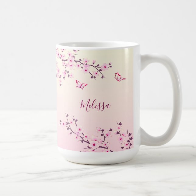 Taza De Café Flores de cerezo Floral Monograma Rosa (Derecha)