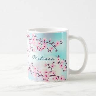 Taza De Café Flores de cerezo Mezcla rosa turquesa Monograma Mu