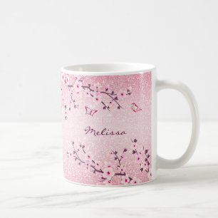 Taza De Café Flores de cerezo Purpurina rosa monograma