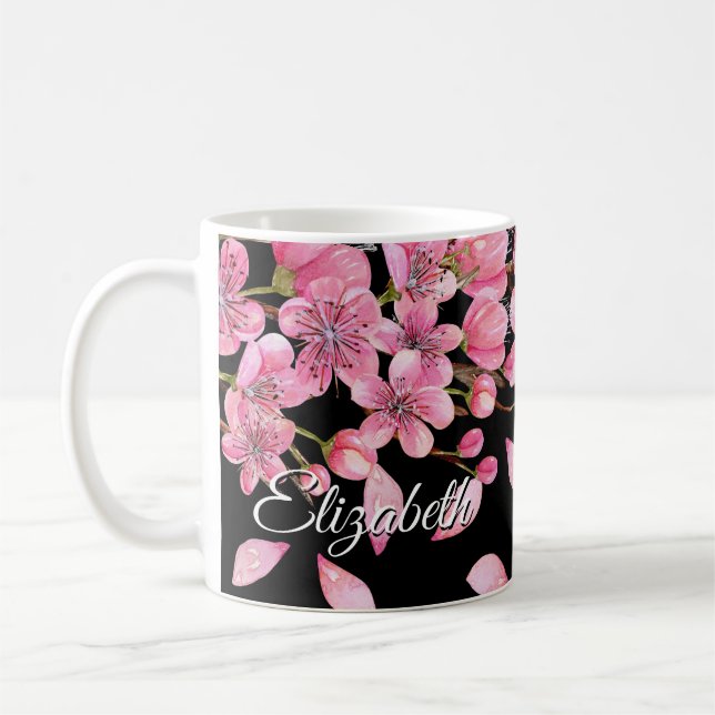 Taza De Café Flores De Cerezo Rosa En Negro (Izquierda)