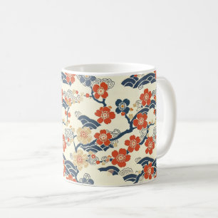 Taza De Café Flores de ciruelo Ume japonesas crema ola azul mar