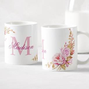 Taza De Café Flores de color de agua Nombre de monograma de Per