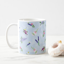 Taza De Café Flores de color de agua sobre textura de encaje az