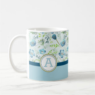 Taza De Café Flores de color de agua verde azul monogramado