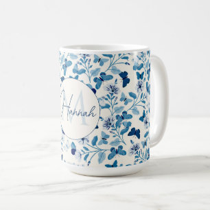 Taza De Café Flores de crema azul botánica y mariposas