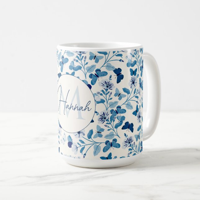 Taza De Café Flores de crema azul botánica y mariposas (Anverso derecho)