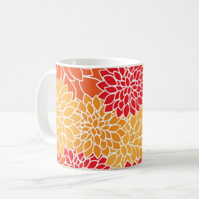 Taza De Café Flores De Dahlia, Patrón De Flores, Naranja Dahlia (Anverso izquierdo)
