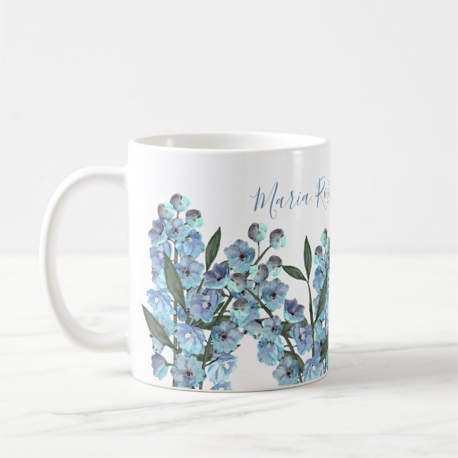 Taza De Café Flores de Delfino Azul Floral Simple Botánica (Izquierda)