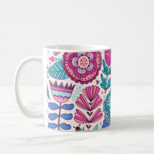 Taza De Café Flores de doodle botánico, sin costura, textura vi