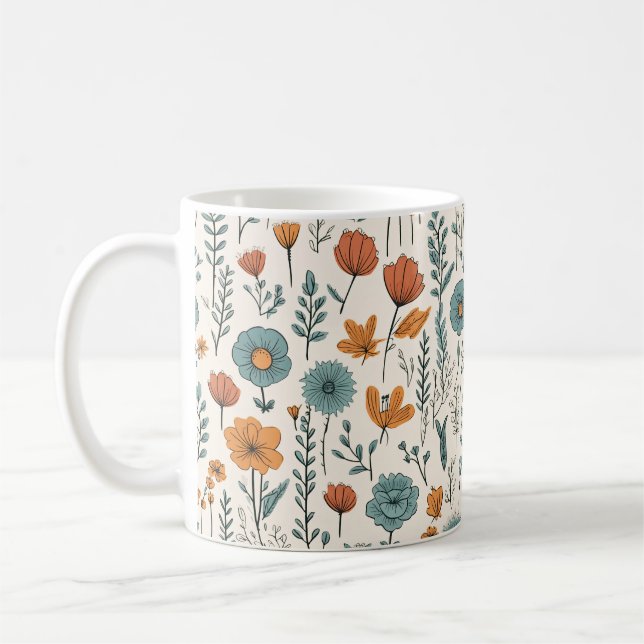 Taza De Café Flores de Doodle Retro Patrones Botánicos Florales (Izquierda)
