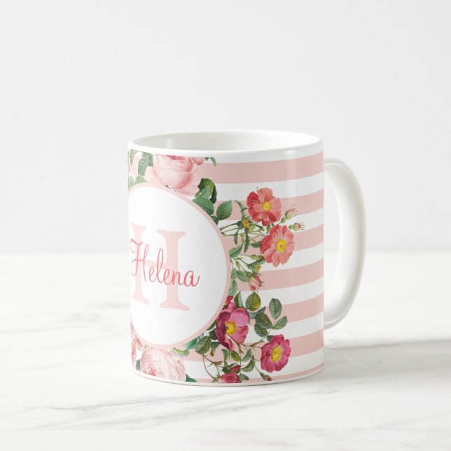 Taza De Café Flores de época Bandas rosas Monograma (Anverso derecho)