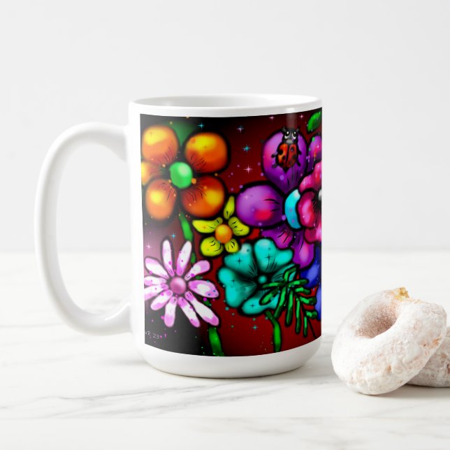 Taza De Café Flores de estilo graffiti y rojo morado rosado de  (Con donut)