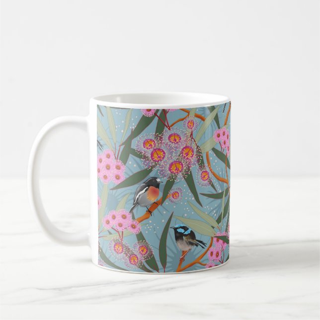 Taza De Café Flores de eucalipto con pájaros en rosa y azul (Izquierda)