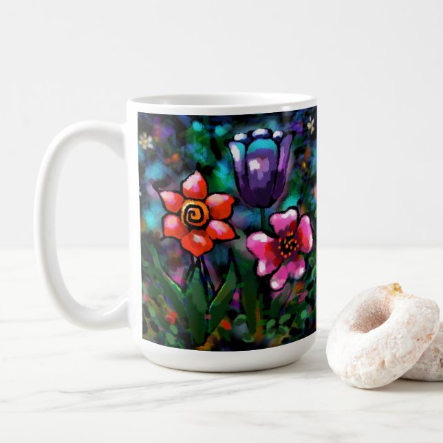 Taza De Café Flores de flores extrañas púrpuras y azules extrav (Con donut)