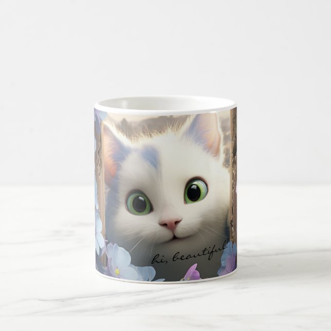 Taza De Café Flores de gato blanco curioso Personalizado Mug de (Centro)