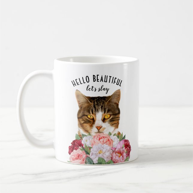 Taza De Café Flores de gato divertidas Hola hermosa (Izquierda)