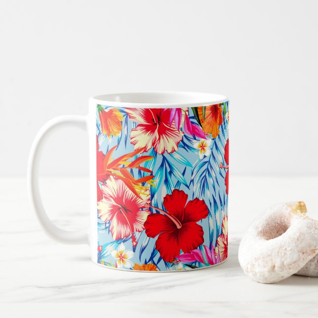 Taza De Café Flores de hibiscos tropicales azules (Con donut)