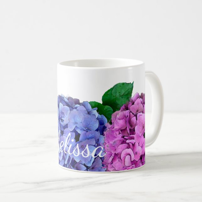 Taza De Café Flores de hidrangea azules y rosas personalizadas (Anverso derecho)