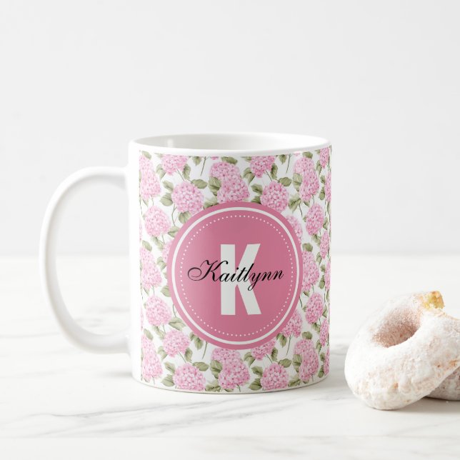 Taza De Café Flores de Hortensia Rosa Elegante con Patrón de Mo (Con donut)