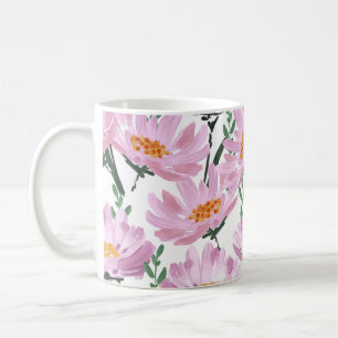 Taza De Café Flores De Jardín Rosado: Impresionadas A Mano.