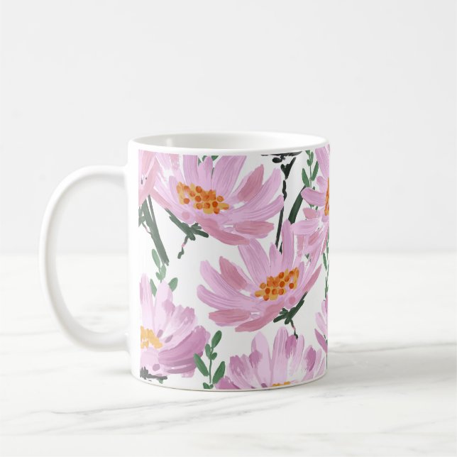 Taza De Café Flores De Jardín Rosado: Impresionadas A Mano. (Izquierda)