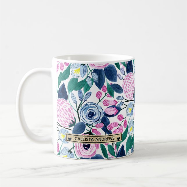 Taza De Café Flores de la marina rosa dulce acuarela Monograma  (Izquierda)