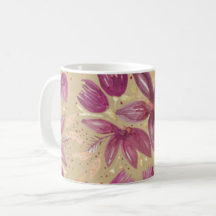 Taza De Café Flores de la Pasión, Acuarela Burdeos y Dorado