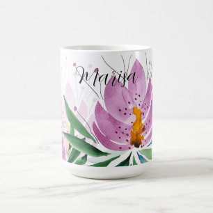 Taza De Café Flores de Loto Florecen Violeta Lila Acuarela